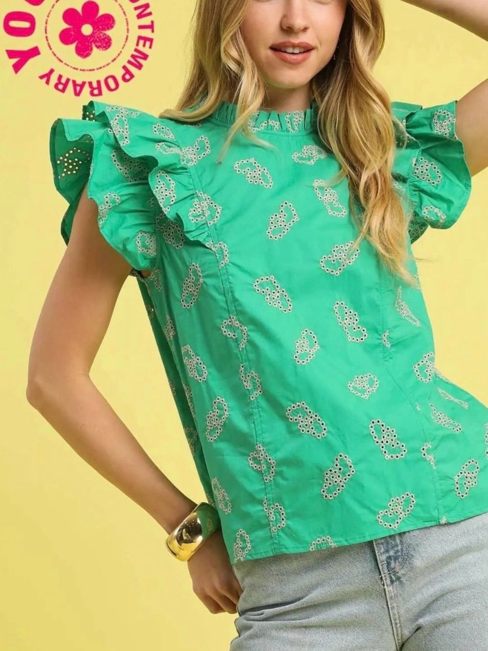Umgee Green Eyelet Ruffle Sleeve Top